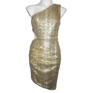 NWT BCBGmaxazria Gold Sequin Mini One Shoulder Dress